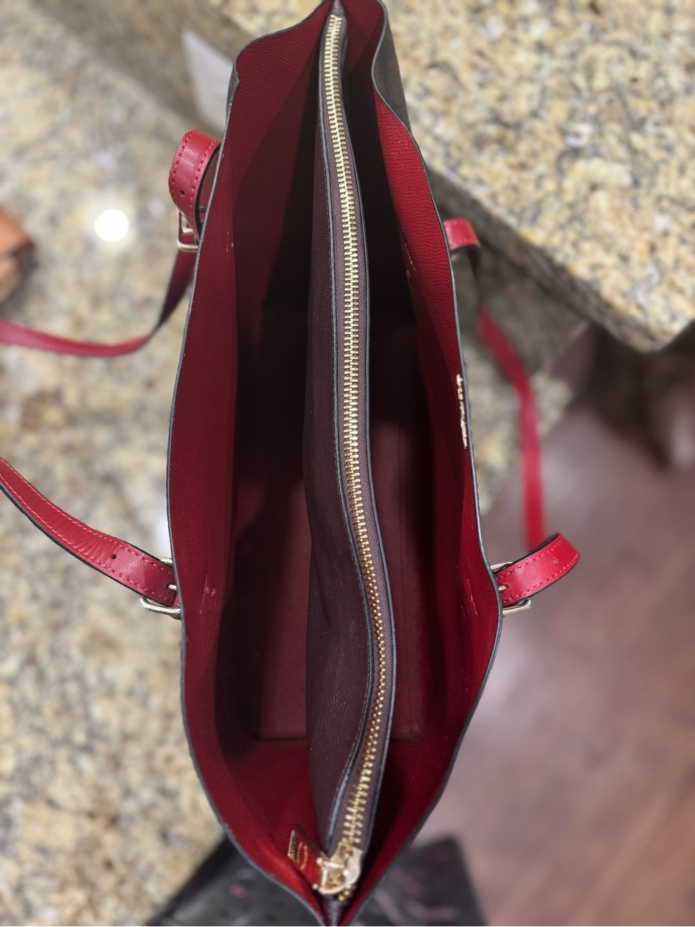 Coach City Zip Tote Signature Canvas Brown Red Leather Gold Hardware F58292 - Picture 7 of 11